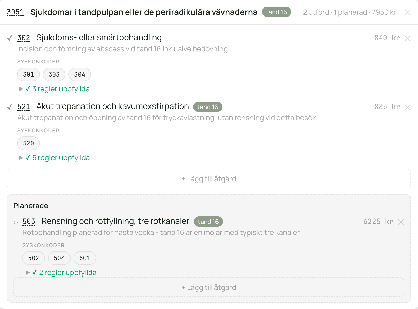 TLV-kodförslag med tillstånd och åtgärder
