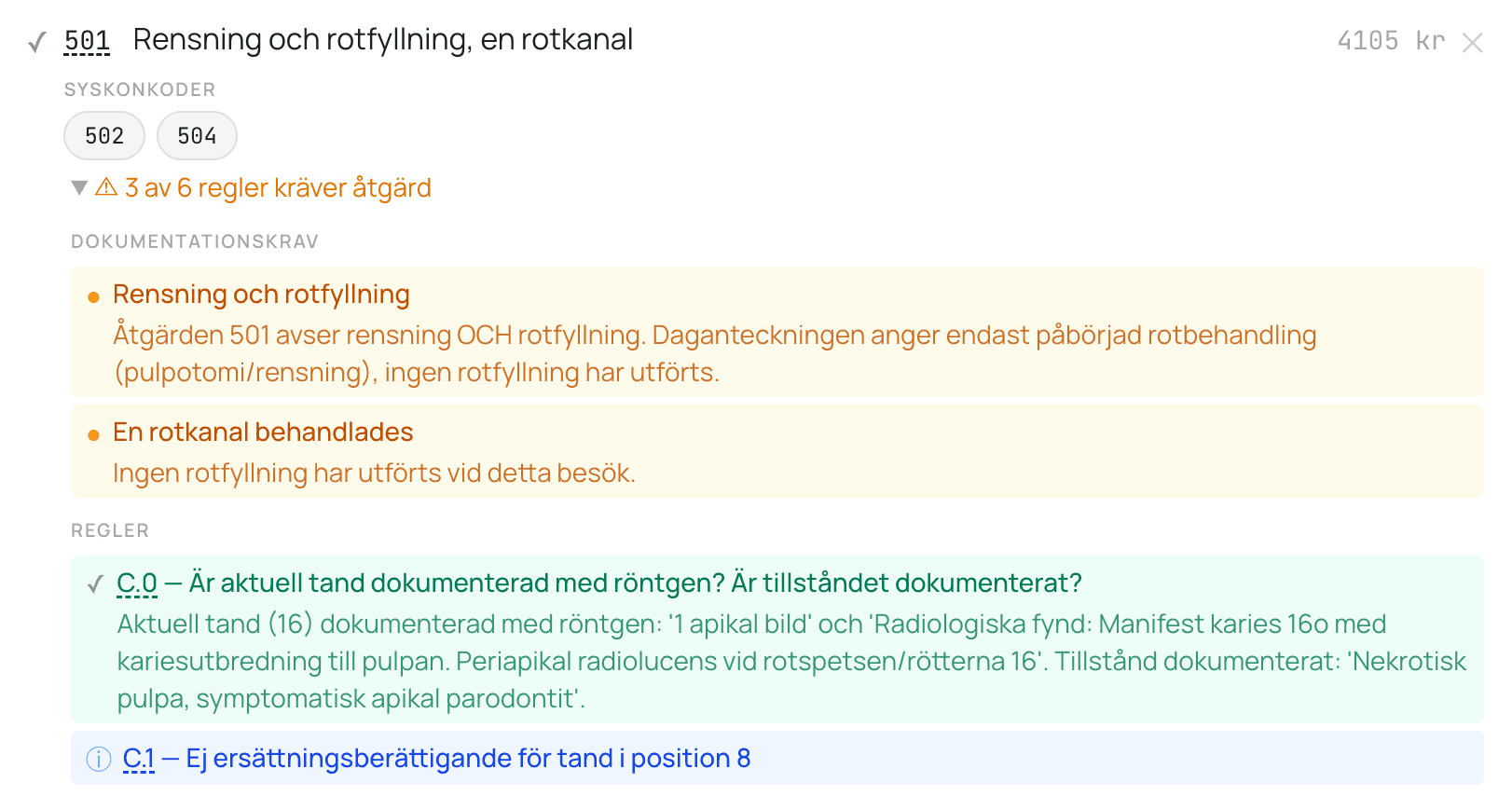 Dokumentations-checklista med markering synlig i utkastet / bör granskas / möjlig regelkonflikt