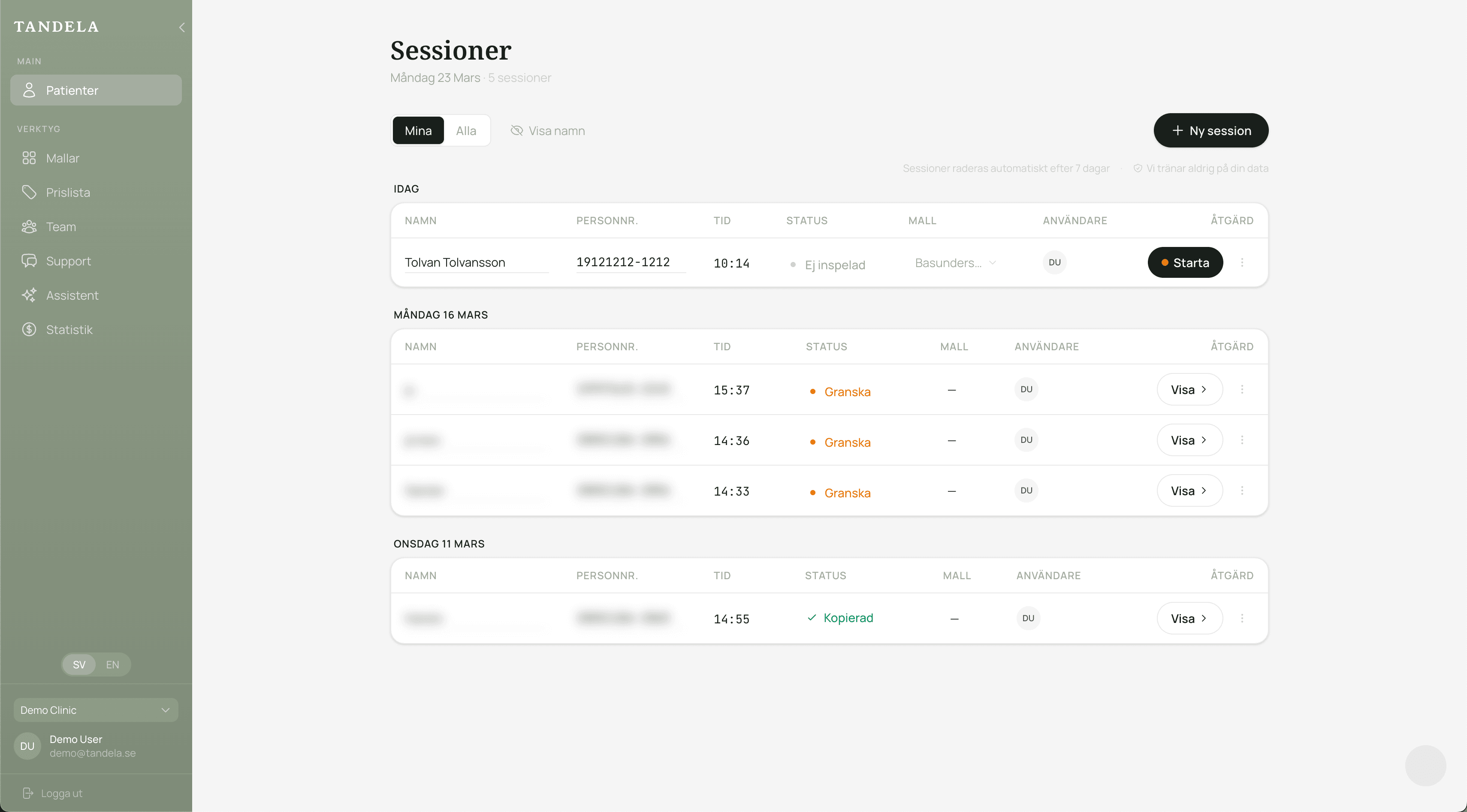 Sessionslista med patientmöten och status
