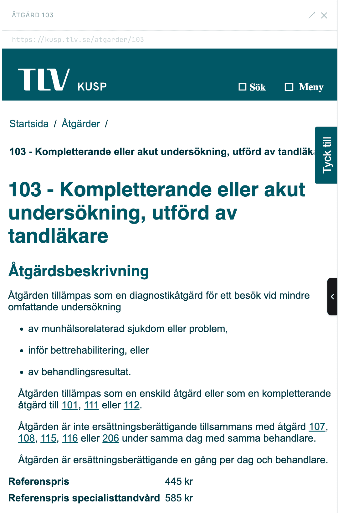 TLV KUSP, åtgärd 103. Dokumentationspunkter och referenspris