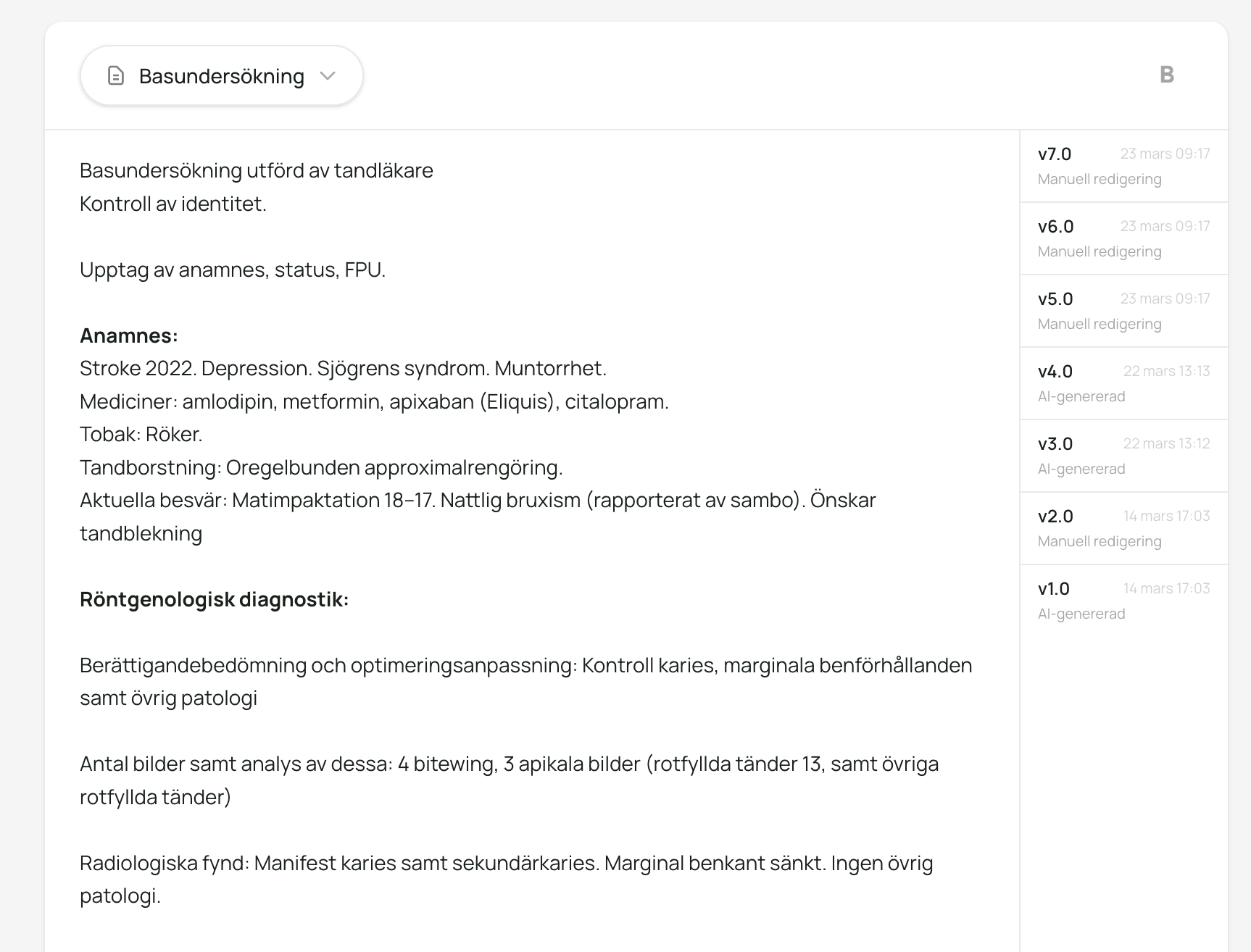 Daganteckning med versionshistorik som visar manuella och AI-genererade ändringar