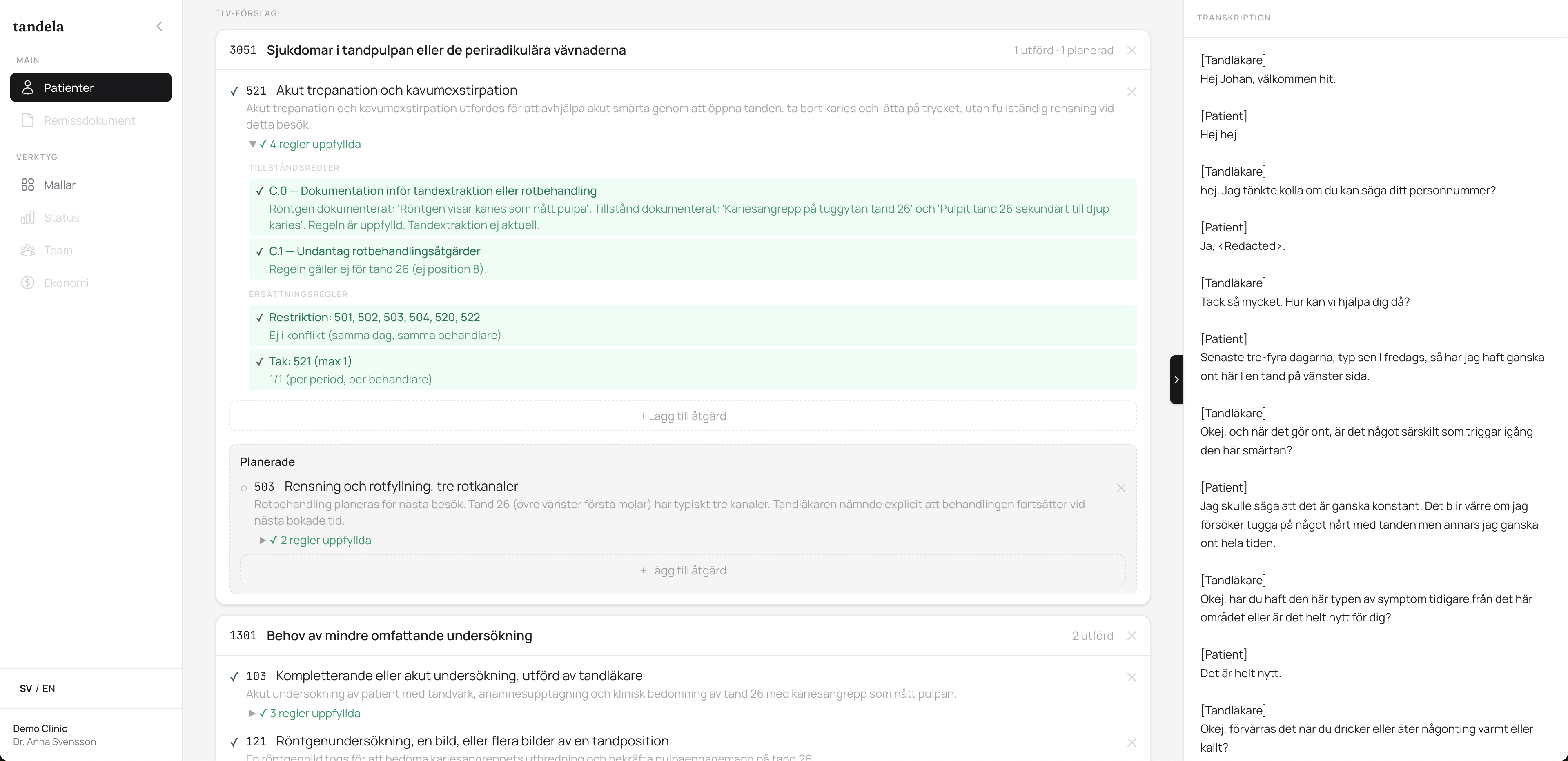 Tandela TLV-kodförslag med tillstånd och åtgärder